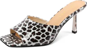 Open-Toe Patent Leather Kitten Heel Mules with Slim Stiletto for Women Sexy Leopard Print Slip On Square-Toe Slide Sandals