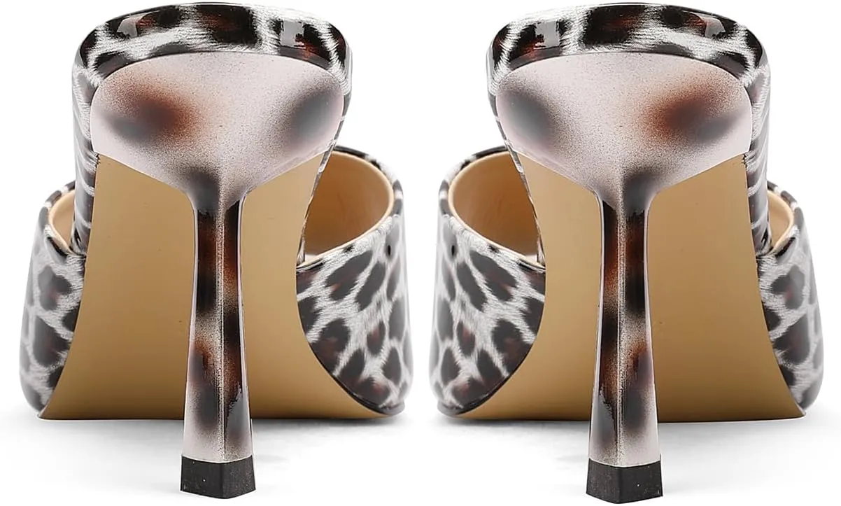 Open-Toe Patent Leather Kitten Heel Mules with Slim Stiletto for Women Sexy Leopard Print Slip On Square-Toe Slide Sandals
