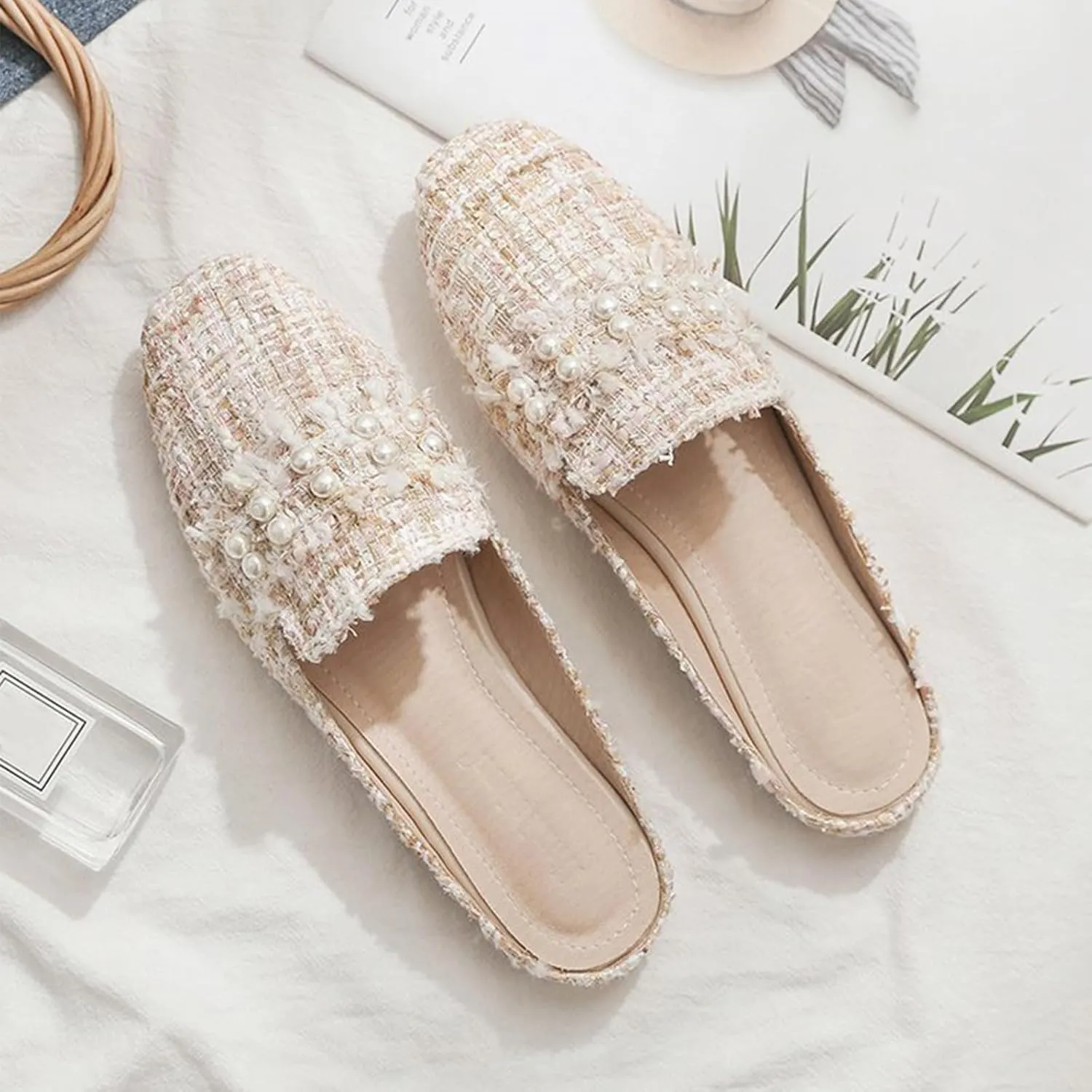 Optigard Women's Pearl Decor Flat Mules Shoes,Comfortable Round Toe Slip On Backless Dress Mule Slide Sandals Ladies Loafers