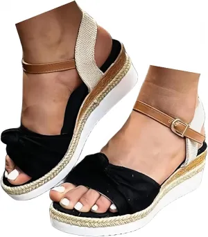 Orthopedic Platform Wedge Sandals for Women, Dressy Summer Comfort Flat Open Toe Buckle Ankle Strap Espadrilles Sandals Beach Boho Sandal Casual Outdoor Vacation Shoes A-Black,Size8