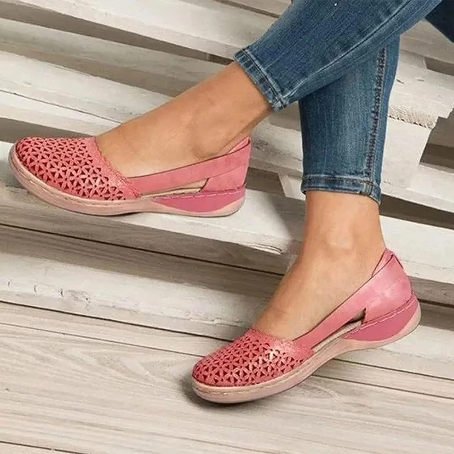 Orthopedic Sandals for Women Fashion Hollow Out Wedge Sandals Summer Comfortable Closed Toe Low Heel Flat Shoes Plus Size Breathable Casual Outdoor Shoes