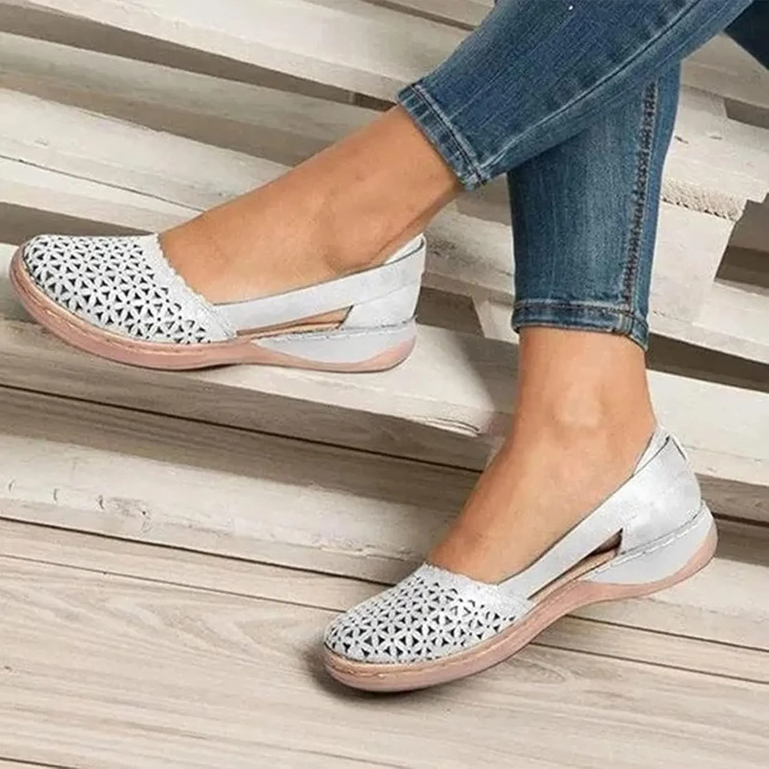 Orthopedic Sandals for Women Fashion Hollow Out Wedge Sandals Summer Comfortable Closed Toe Low Heel Flat Shoes Plus Size Breathable Casual Outdoor Shoes