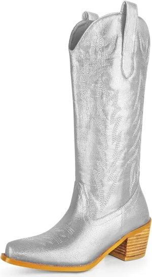 Ouepiano Women's Western Cowboy Embroidered Mid Calf Boots, Almond Pointed Toe 6cm Medium Chunky Heel Pull Tab Fashion Cowgirl Boots