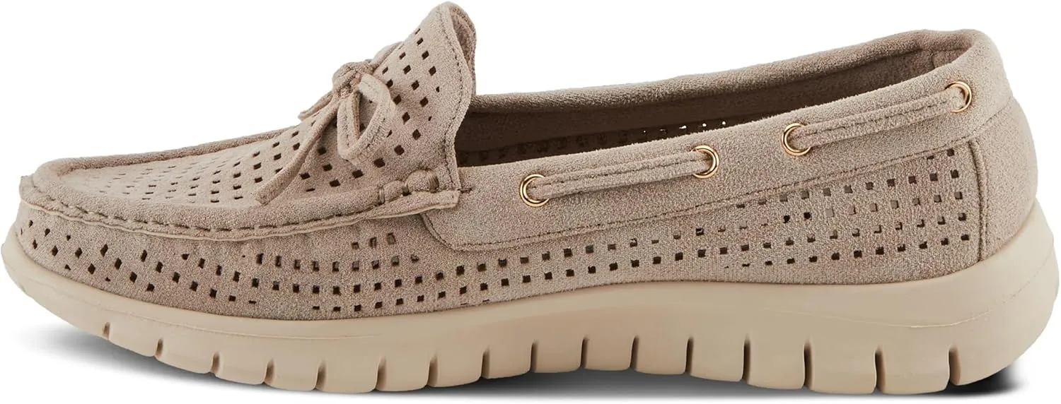 PATRIZIA Women's Aboard Moccasin Loafers – Microsuede Slip-On Shoes with Elegant Square-Dot Perforation, Bow Accent, and Cushioned Comfort Footbed
