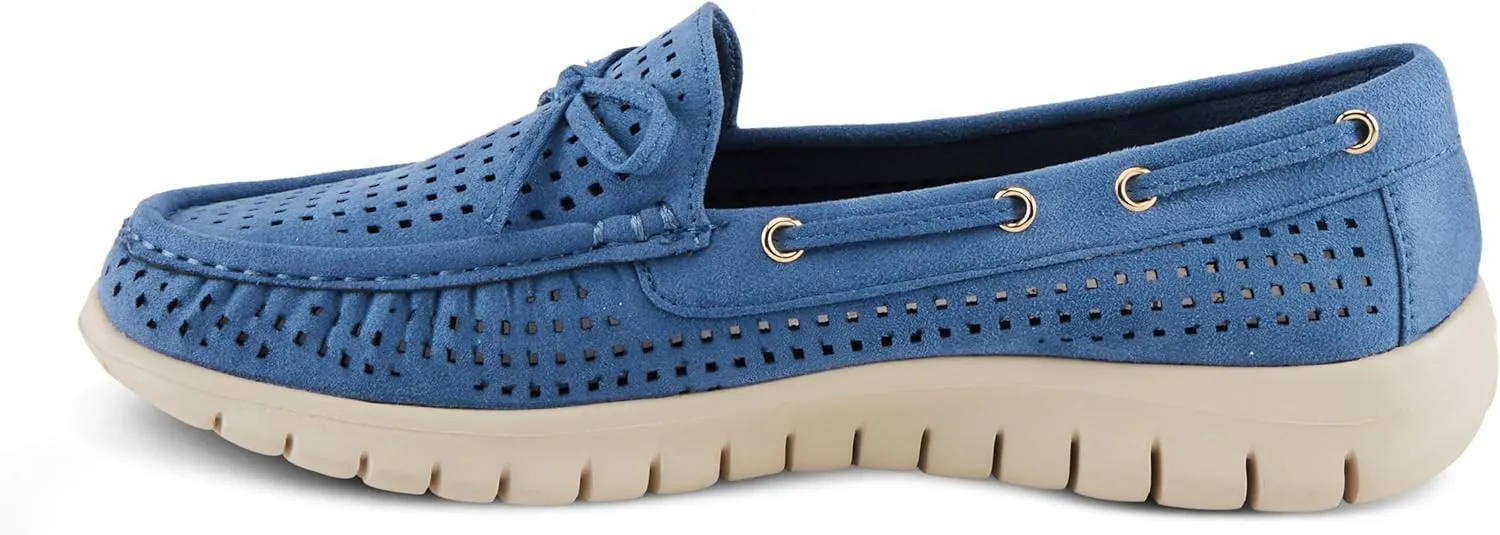 PATRIZIA Women's Aboard Moccasin Loafers – Microsuede Slip-On Shoes with Elegant Square-Dot Perforation, Bow Accent, and Cushioned Comfort Footbed