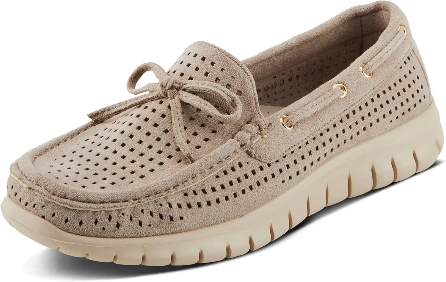 PATRIZIA Women's Aboard Moccasin Loafers – Microsuede Slip-On Shoes with Elegant Square-Dot Perforation, Bow Accent, and Cushioned Comfort Footbed