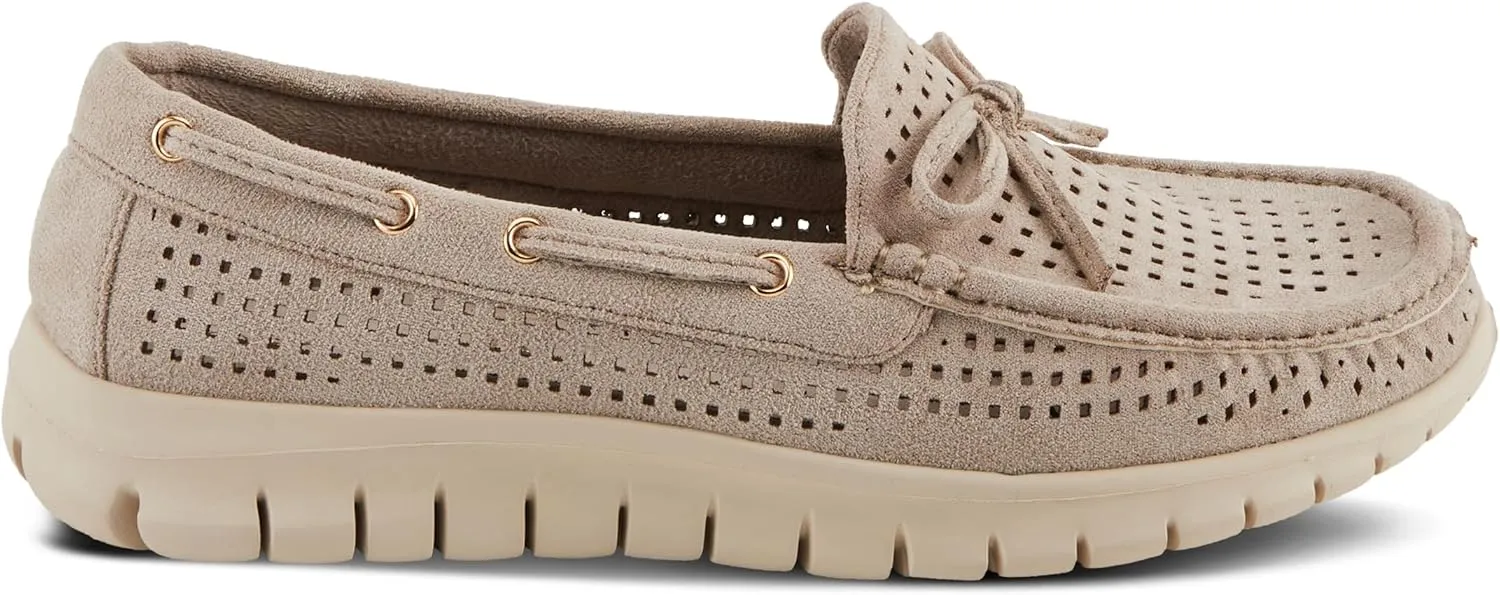PATRIZIA Women's Aboard Moccasin Loafers – Microsuede Slip-On Shoes with Elegant Square-Dot Perforation, Bow Accent, and Cushioned Comfort Footbed