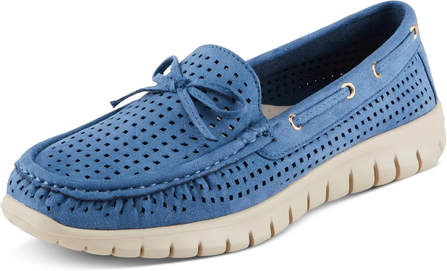 PATRIZIA Women's Aboard Moccasin Loafers – Microsuede Slip-On Shoes with Elegant Square-Dot Perforation, Bow Accent, and Cushioned Comfort Footbed