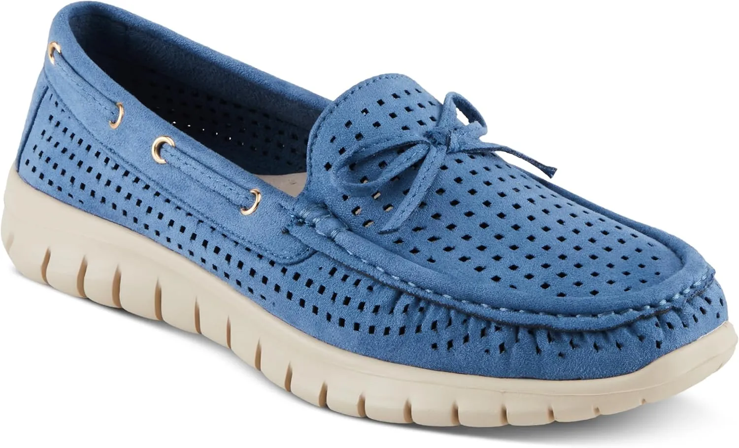 PATRIZIA Women's Aboard Moccasin Loafers – Microsuede Slip-On Shoes with Elegant Square-Dot Perforation, Bow Accent, and Cushioned Comfort Footbed
