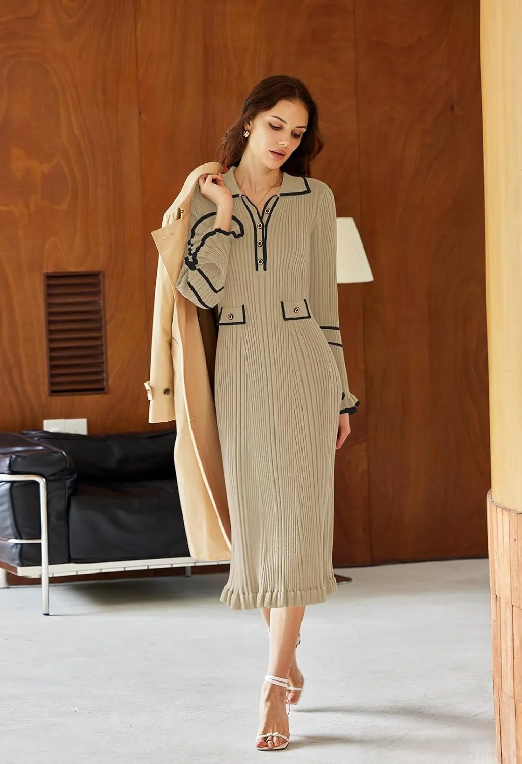 Pink Queen Women's V Neck Bodycon Sweater Dress 2024 Long Sleeve Half Button Slim Fitted Ruffle Ribbed Knit Maxi Pencil Dress