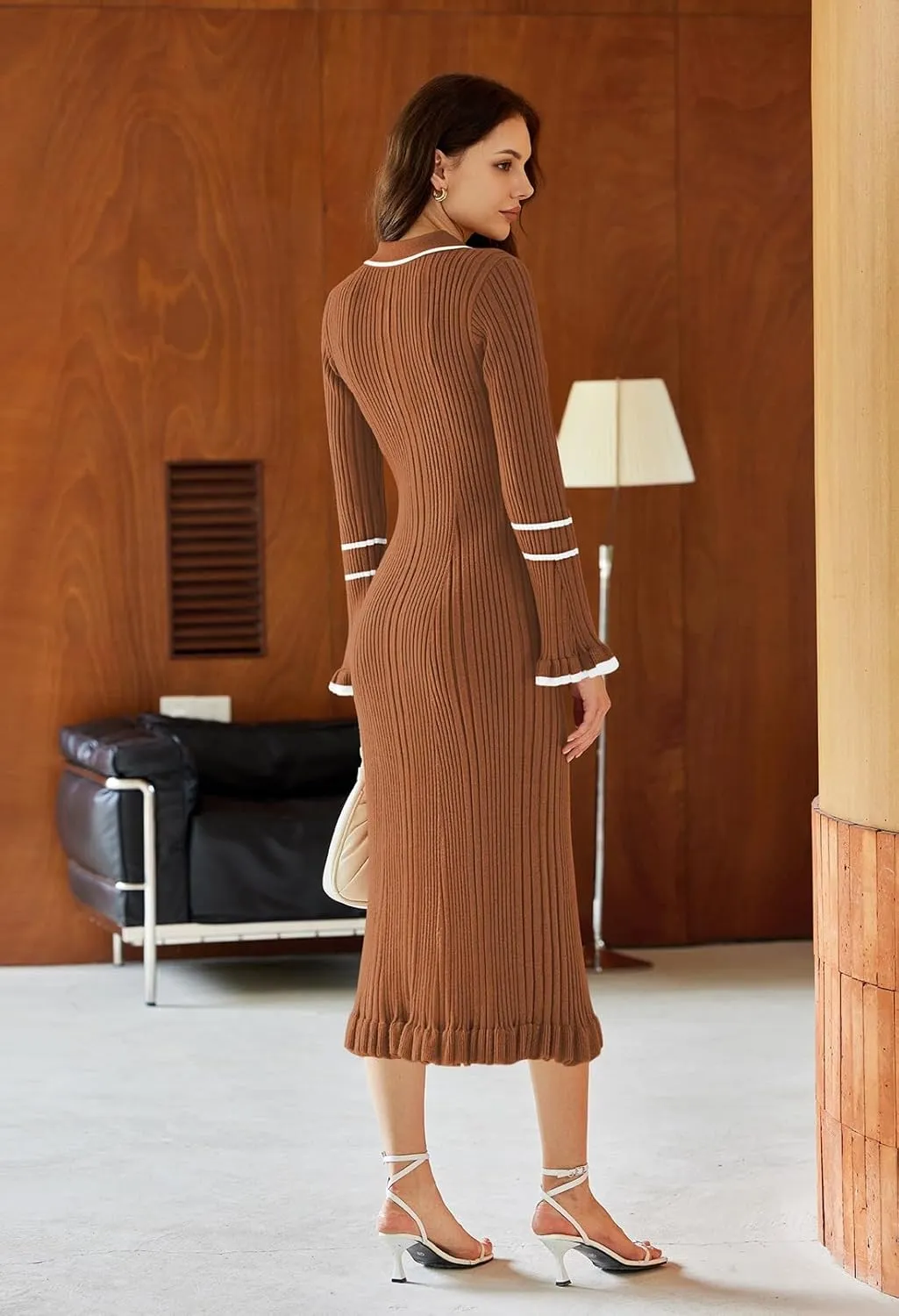 Pink Queen Women's V Neck Bodycon Sweater Dress 2024 Long Sleeve Half Button Slim Fitted Ruffle Ribbed Knit Maxi Pencil Dress