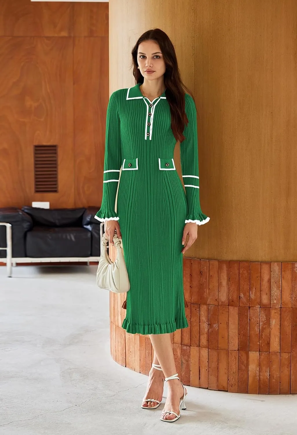 Pink Queen Women's V Neck Bodycon Sweater Dress 2024 Long Sleeve Half Button Slim Fitted Ruffle Ribbed Knit Maxi Pencil Dress