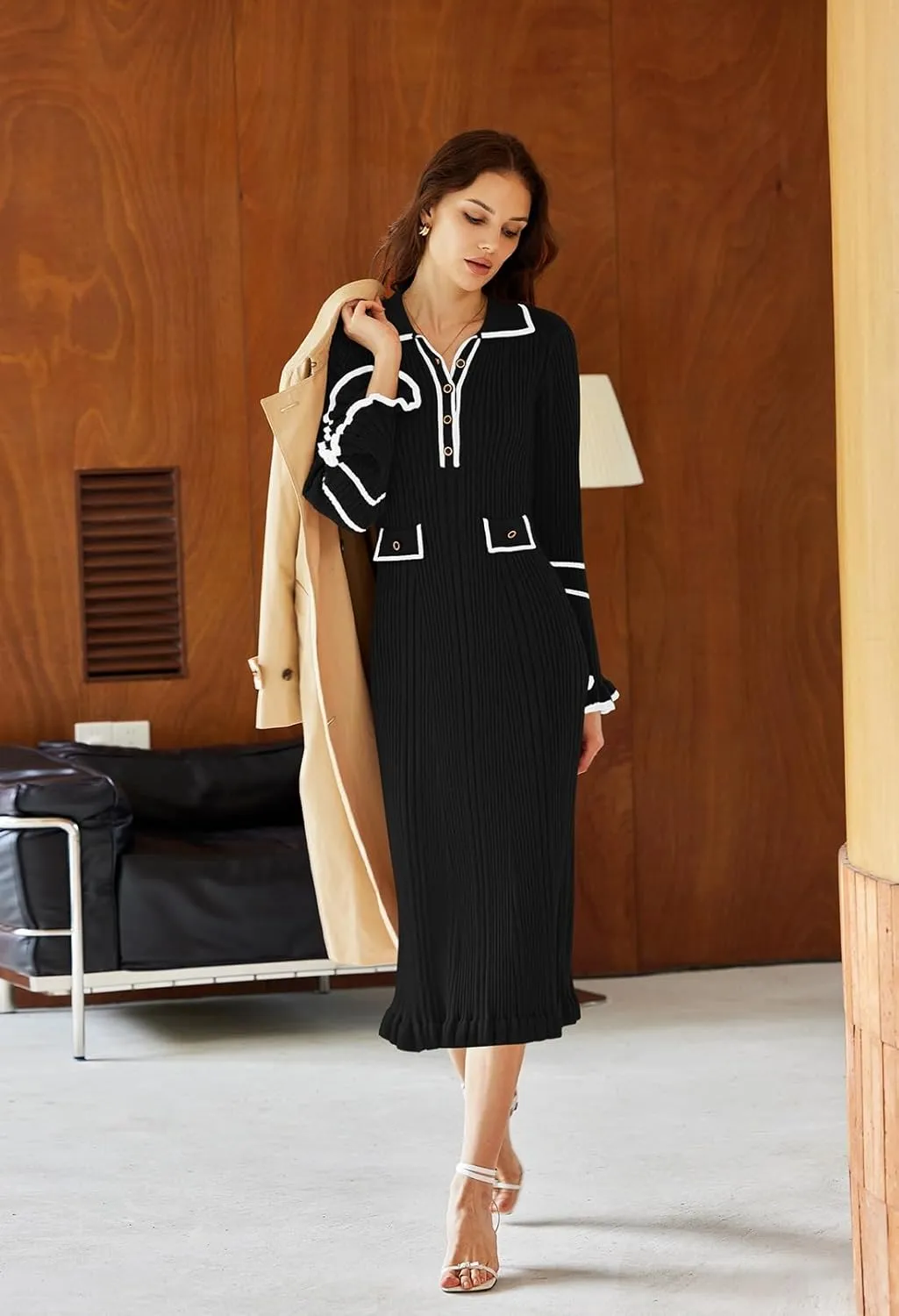 Pink Queen Women's V Neck Bodycon Sweater Dress 2024 Long Sleeve Half Button Slim Fitted Ruffle Ribbed Knit Maxi Pencil Dress