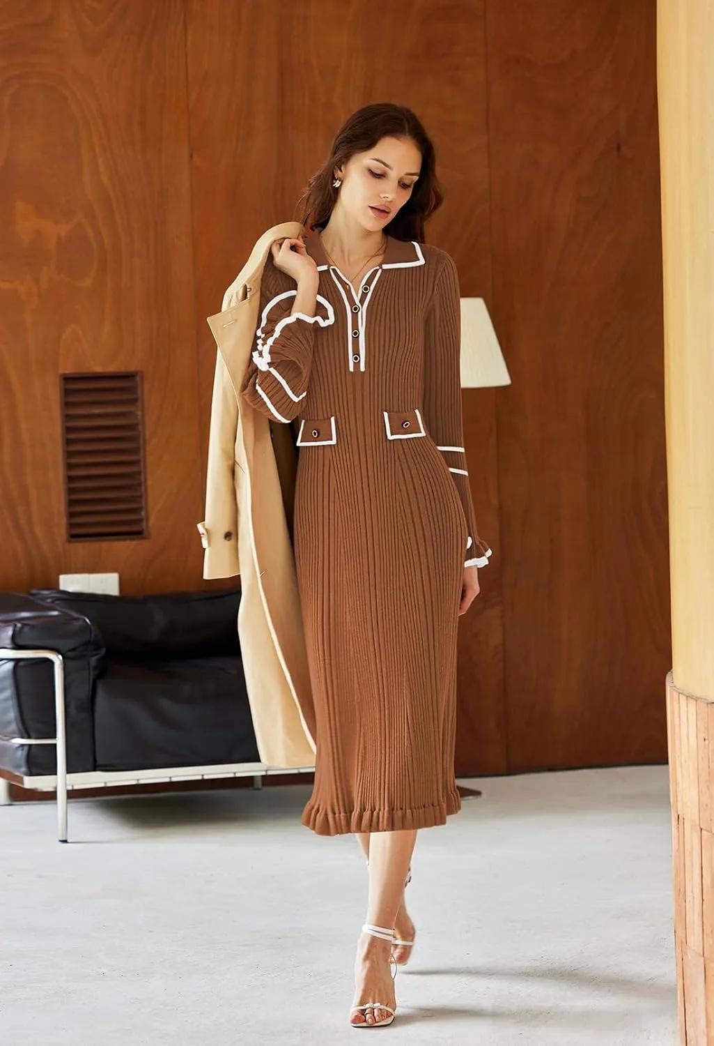 Pink Queen Women's V Neck Bodycon Sweater Dress 2024 Long Sleeve Half Button Slim Fitted Ruffle Ribbed Knit Maxi Pencil Dress