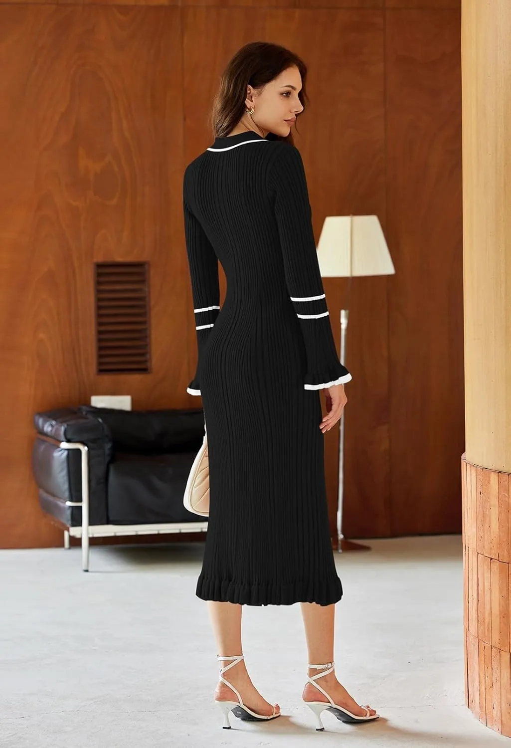 Pink Queen Women's V Neck Bodycon Sweater Dress 2024 Long Sleeve Half Button Slim Fitted Ruffle Ribbed Knit Maxi Pencil Dress