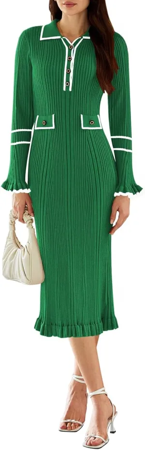 Pink Queen Women's V Neck Bodycon Sweater Dress 2024 Long Sleeve Half Button Slim Fitted Ruffle Ribbed Knit Maxi Pencil Dress