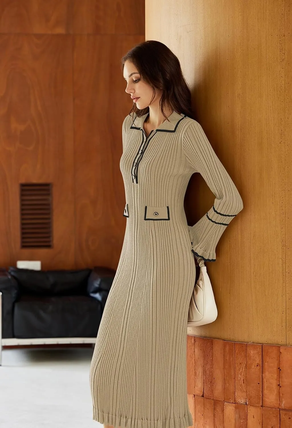 Pink Queen Women's V Neck Bodycon Sweater Dress 2024 Long Sleeve Half Button Slim Fitted Ruffle Ribbed Knit Maxi Pencil Dress