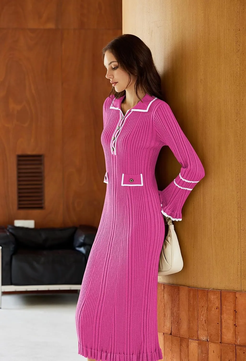 Pink Queen Women's V Neck Bodycon Sweater Dress 2024 Long Sleeve Half Button Slim Fitted Ruffle Ribbed Knit Maxi Pencil Dress