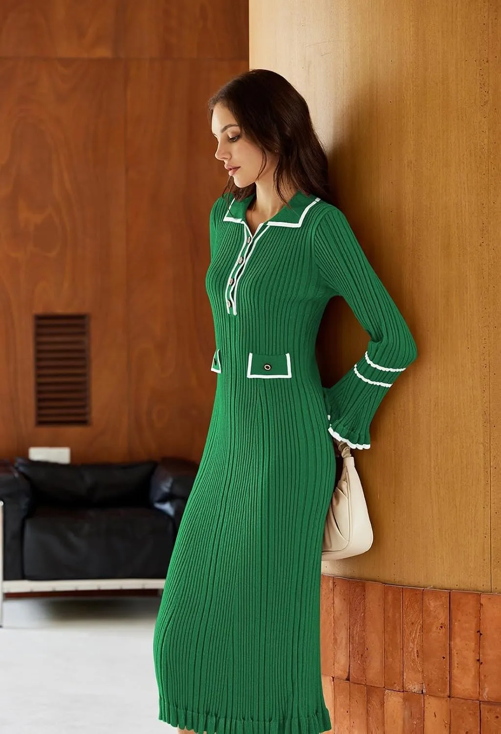 Pink Queen Women's V Neck Bodycon Sweater Dress 2024 Long Sleeve Half Button Slim Fitted Ruffle Ribbed Knit Maxi Pencil Dress