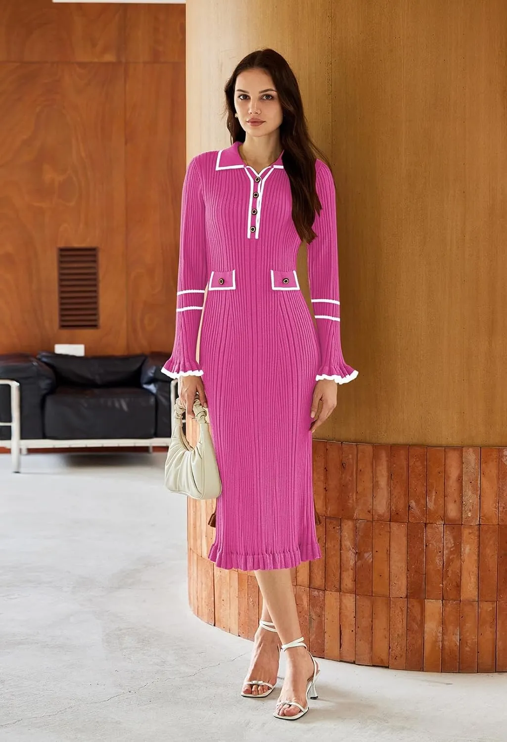 Pink Queen Women's V Neck Bodycon Sweater Dress 2024 Long Sleeve Half Button Slim Fitted Ruffle Ribbed Knit Maxi Pencil Dress