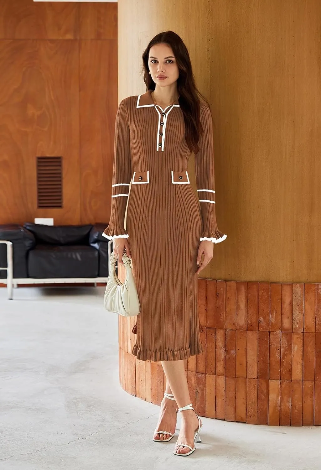 Pink Queen Women's V Neck Bodycon Sweater Dress 2024 Long Sleeve Half Button Slim Fitted Ruffle Ribbed Knit Maxi Pencil Dress