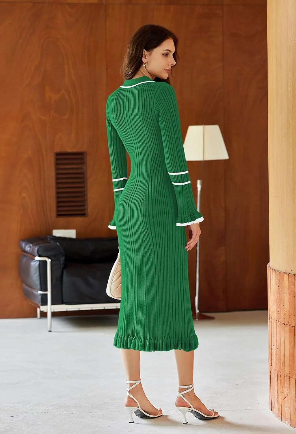 Pink Queen Women's V Neck Bodycon Sweater Dress 2024 Long Sleeve Half Button Slim Fitted Ruffle Ribbed Knit Maxi Pencil Dress