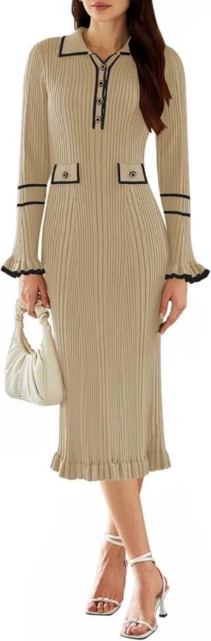 Pink Queen Women's V Neck Bodycon Sweater Dress 2024 Long Sleeve Half Button Slim Fitted Ruffle Ribbed Knit Maxi Pencil Dress