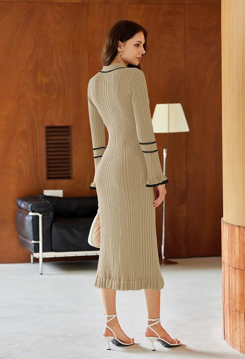 Pink Queen Women's V Neck Bodycon Sweater Dress 2024 Long Sleeve Half Button Slim Fitted Ruffle Ribbed Knit Maxi Pencil Dress