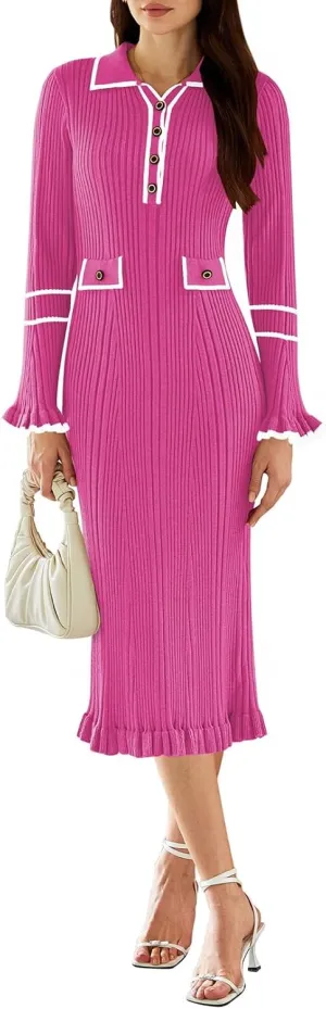 Pink Queen Women's V Neck Bodycon Sweater Dress 2024 Long Sleeve Half Button Slim Fitted Ruffle Ribbed Knit Maxi Pencil Dress