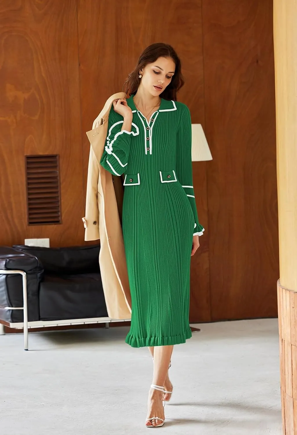 Pink Queen Women's V Neck Bodycon Sweater Dress 2024 Long Sleeve Half Button Slim Fitted Ruffle Ribbed Knit Maxi Pencil Dress