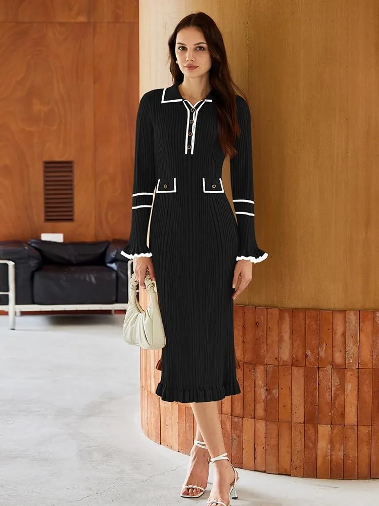 Pink Queen Women's V Neck Bodycon Sweater Dress 2024 Long Sleeve Half Button Slim Fitted Ruffle Ribbed Knit Maxi Pencil Dress