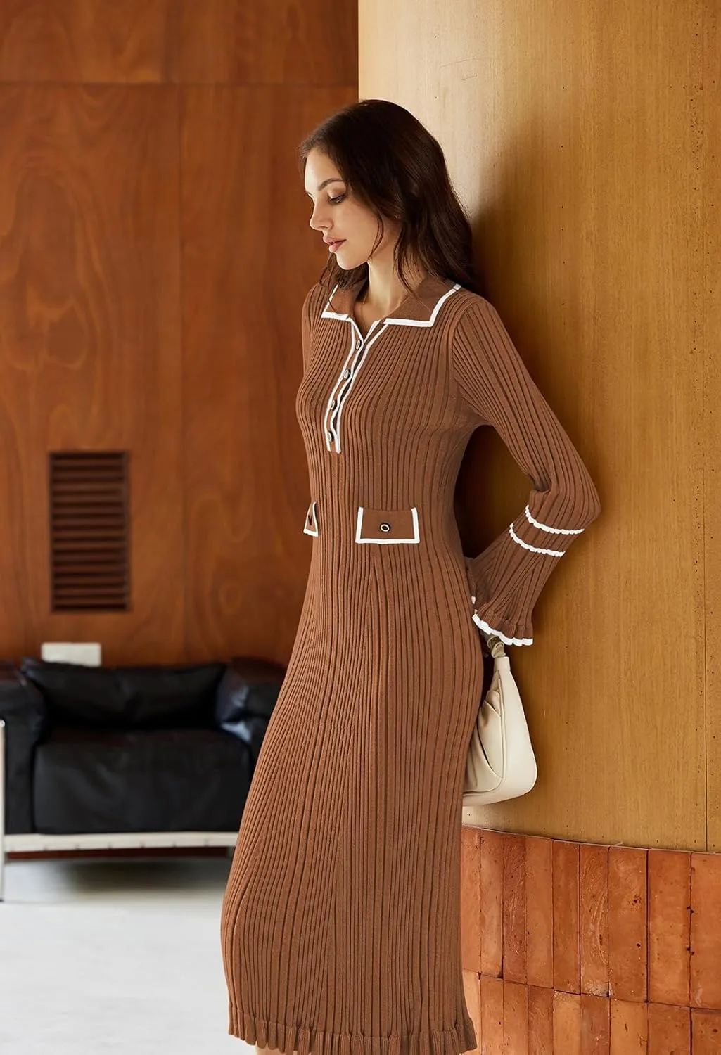 Pink Queen Women's V Neck Bodycon Sweater Dress 2024 Long Sleeve Half Button Slim Fitted Ruffle Ribbed Knit Maxi Pencil Dress
