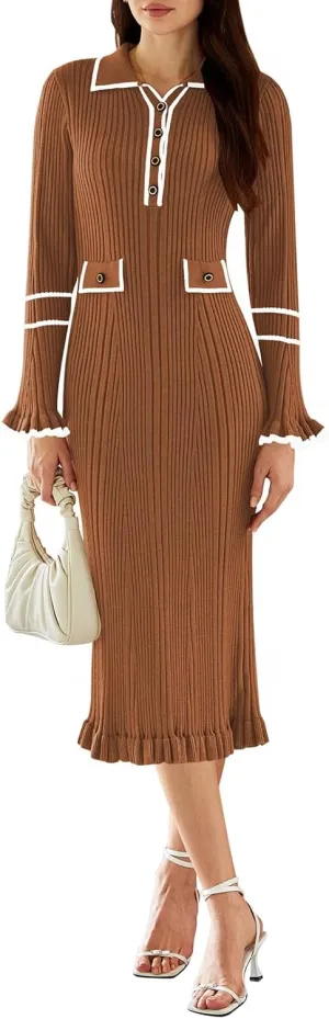 Pink Queen Women's V Neck Bodycon Sweater Dress 2024 Long Sleeve Half Button Slim Fitted Ruffle Ribbed Knit Maxi Pencil Dress