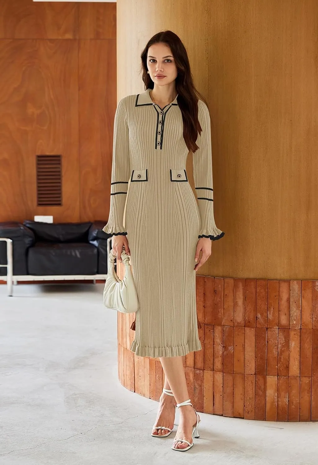 Pink Queen Women's V Neck Bodycon Sweater Dress 2024 Long Sleeve Half Button Slim Fitted Ruffle Ribbed Knit Maxi Pencil Dress