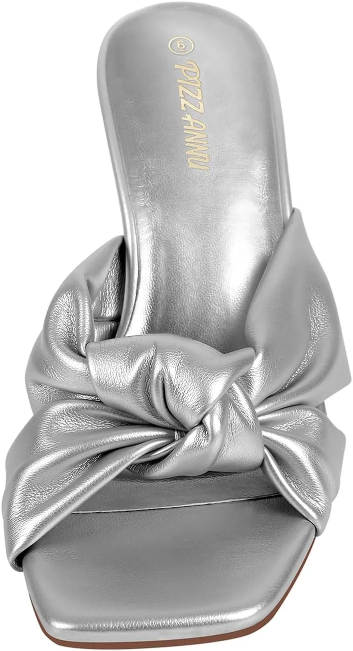 PIZZ ANNU Women's Ariana Knotted Heels Sandals Square Open Toe Heeled Sandal High Stiletto Mules Slip on Comfortable Cute Casual Dress Pumps Shoes