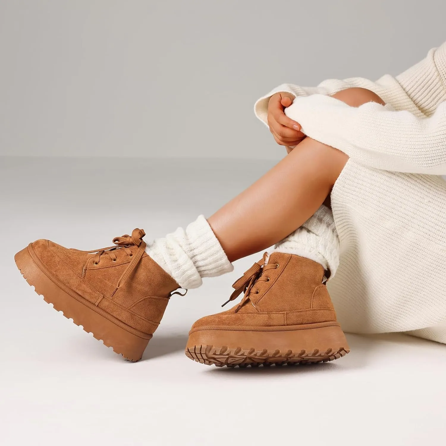 Platform Boots for Women Snow Ankle Boots Winter Warm Lace Up Suede Booties Cozy Faux Fur Lined Anti-Slip Short Boots for Indoor & Outdoor