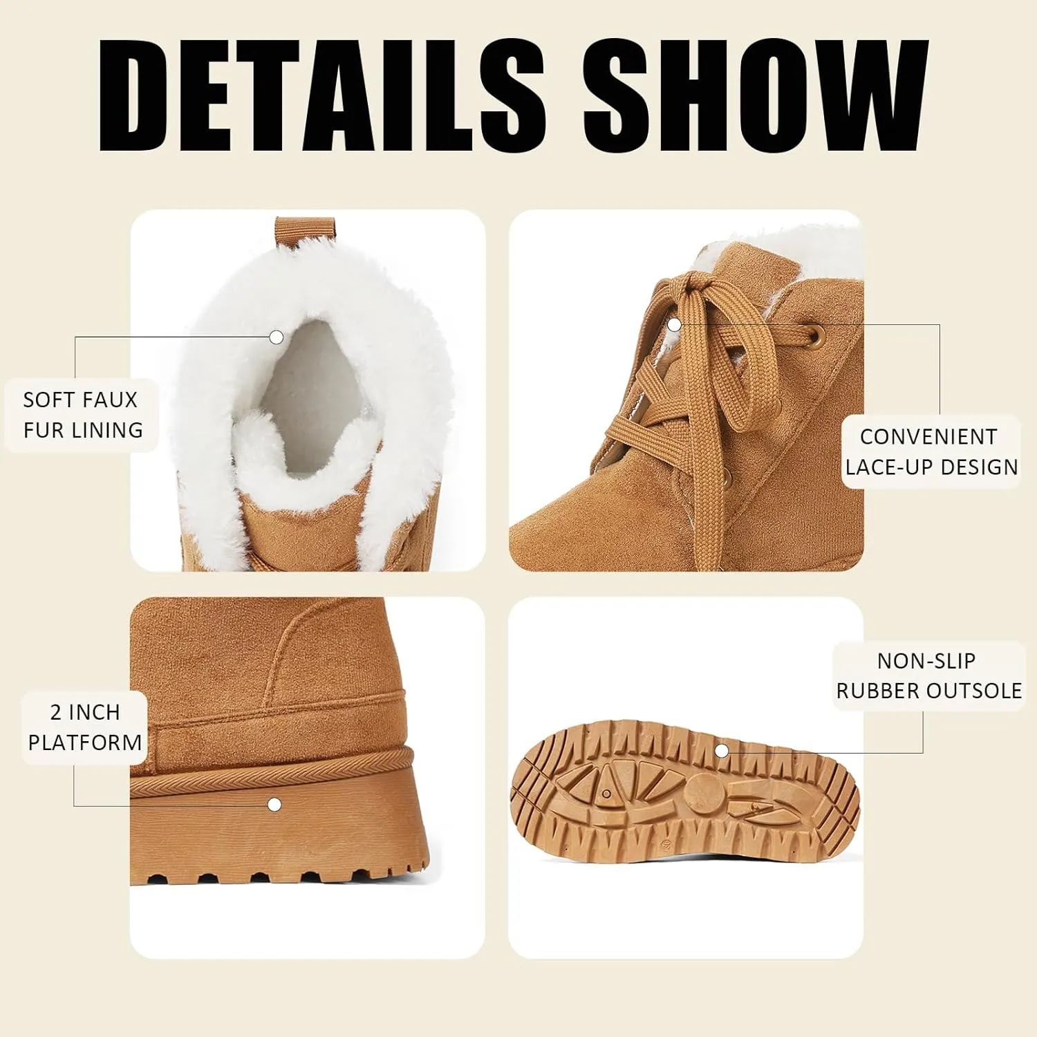 Platform Boots for Women Snow Ankle Boots Winter Warm Lace Up Suede Booties Cozy Faux Fur Lined Anti-Slip Short Boots for Indoor & Outdoor