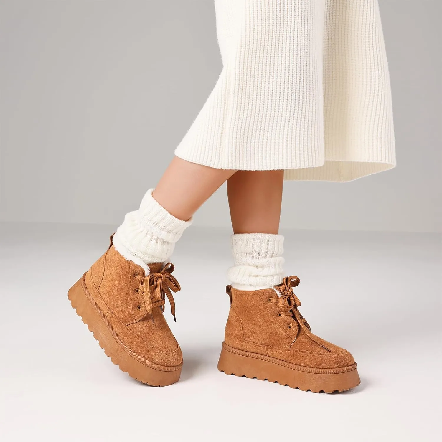Platform Boots for Women Snow Ankle Boots Winter Warm Lace Up Suede Booties Cozy Faux Fur Lined Anti-Slip Short Boots for Indoor & Outdoor