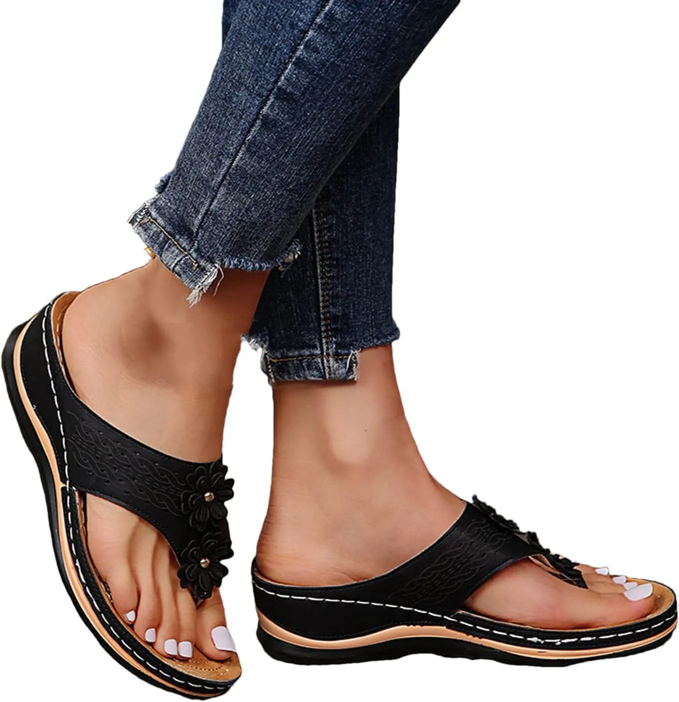 Platform Sandals Women Comfortable Slip On Flip Flops Sandal with Arch Support Casual Wedge Heel Slippers