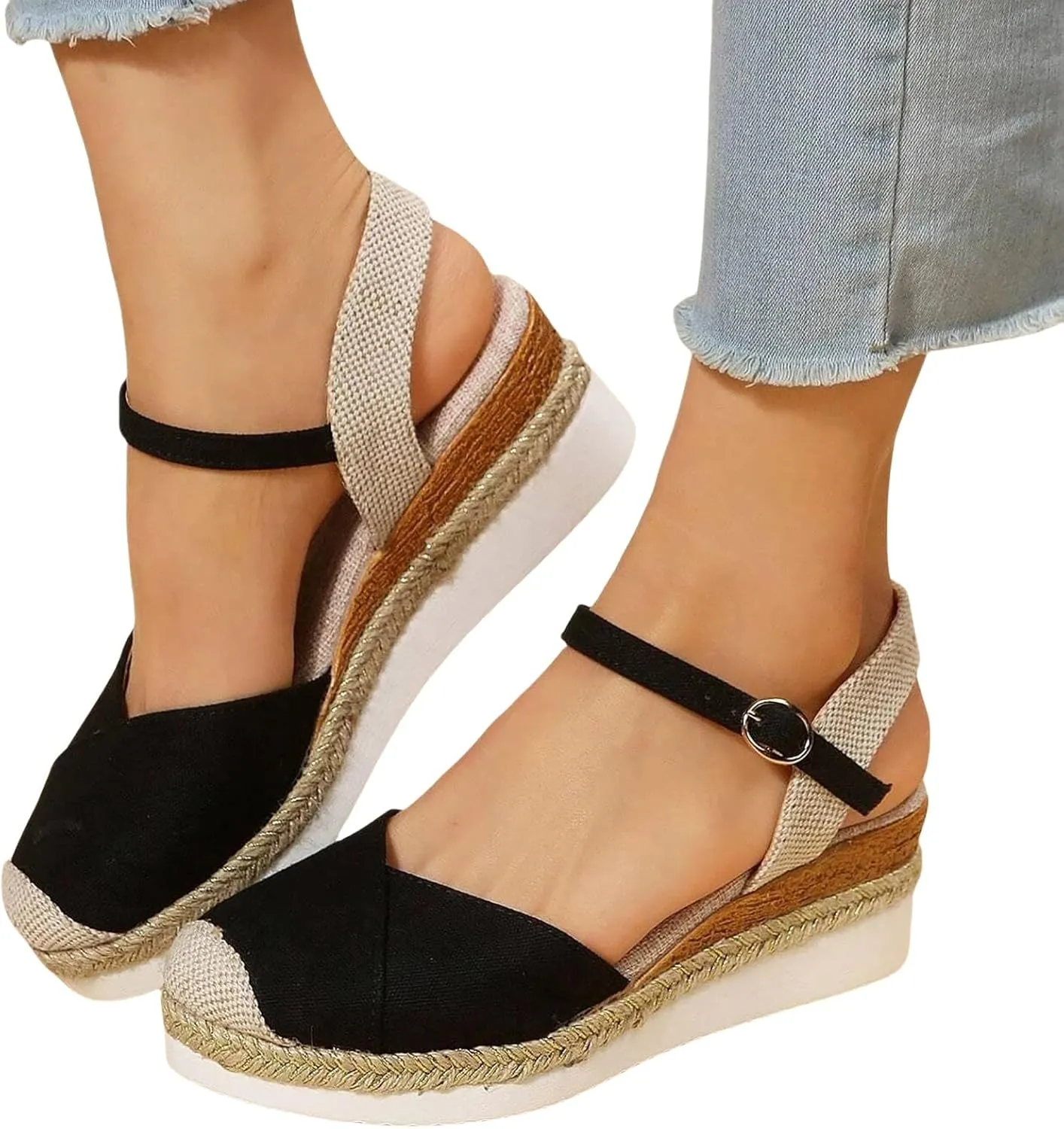 Platform Wedge Sandals for Women Summer Dressy Color Block Ankle Strap Closed Toe Espadrille Wedge Sandals Casual Beach Shoes