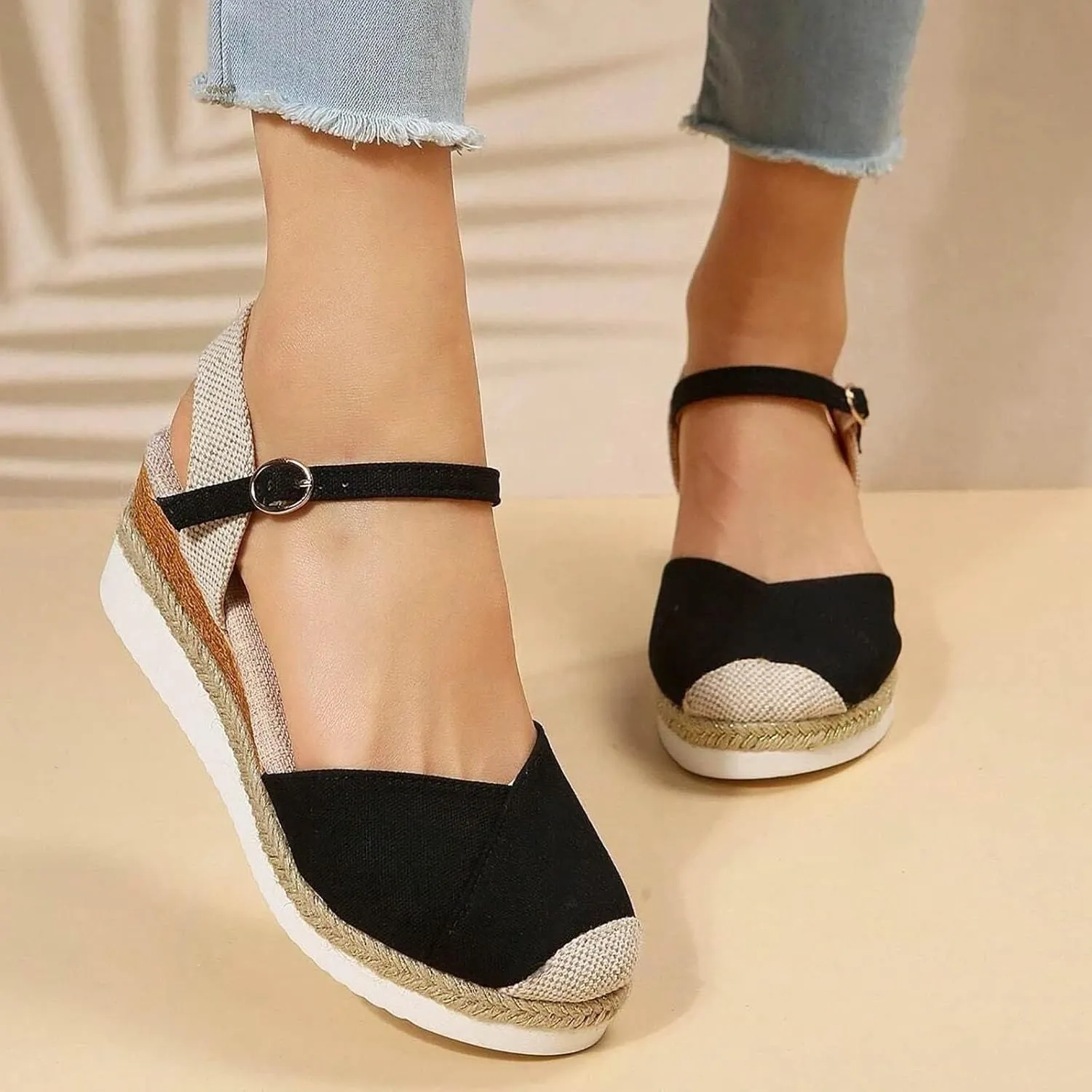 Platform Wedge Sandals for Women Summer Dressy Color Block Ankle Strap Closed Toe Espadrille Wedge Sandals Casual Beach Shoes