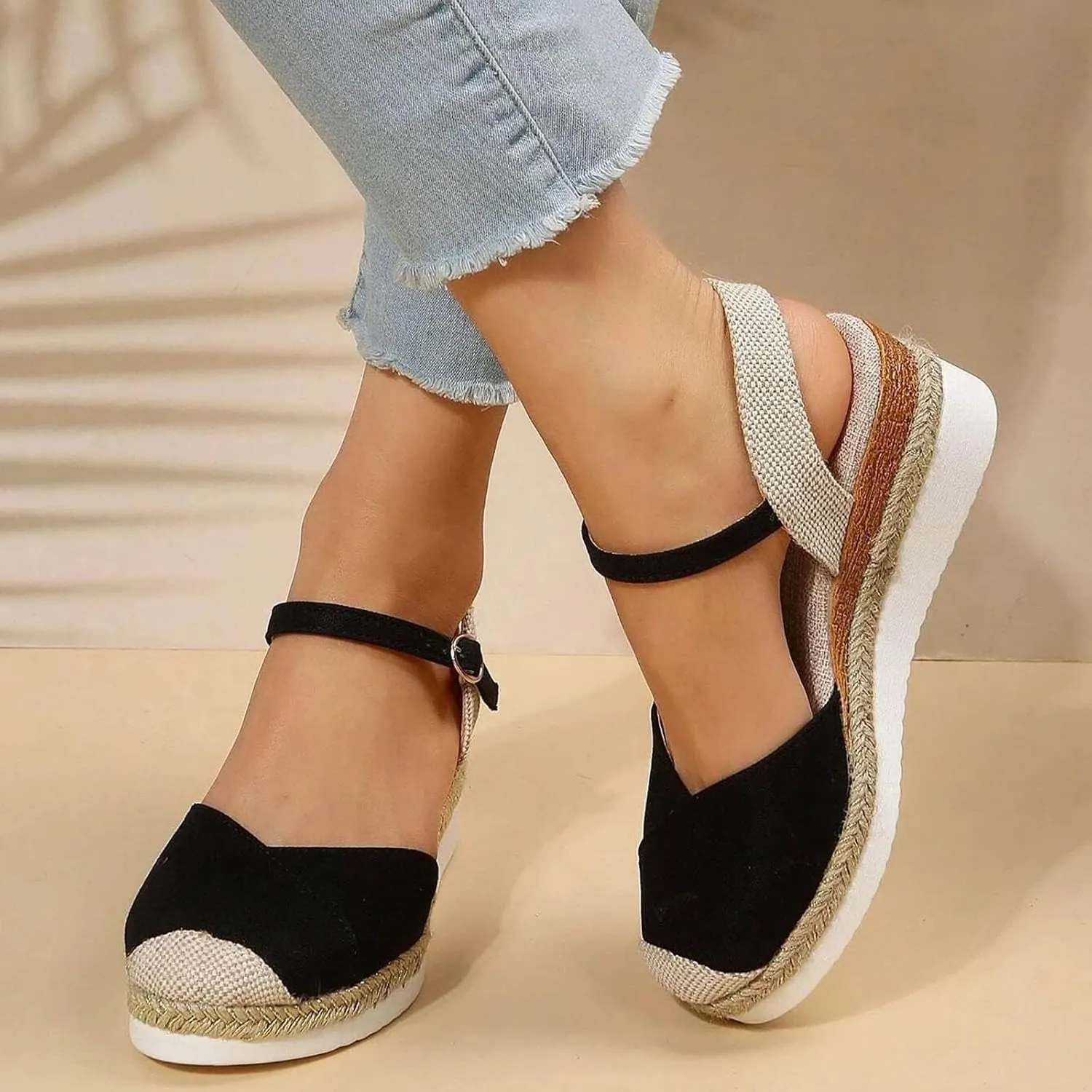 Platform Wedge Sandals for Women Summer Dressy Color Block Ankle Strap Closed Toe Espadrille Wedge Sandals Casual Beach Shoes