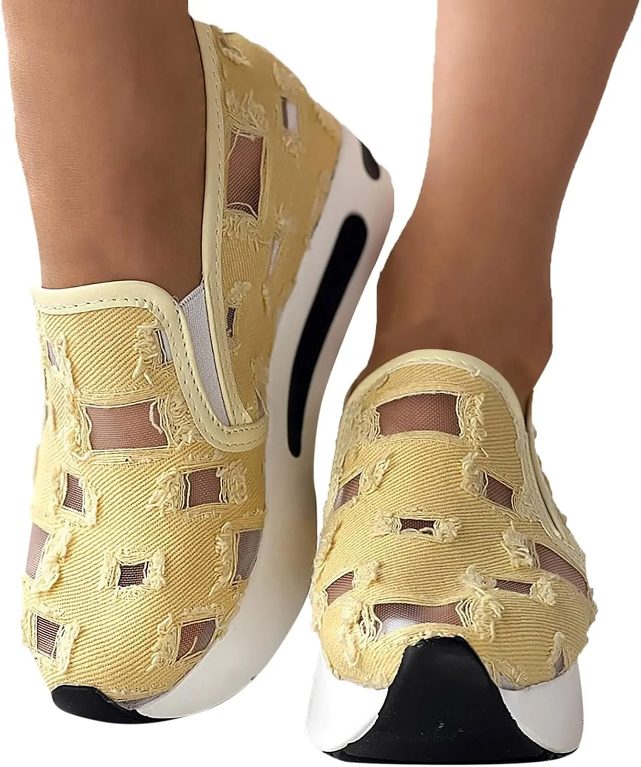 Platform Wedge Sneakers for Women Fashion Breathable Hollow Out Mesh Shoes Summer Lightweight Chunky Sole High Heels Slip on Loafers with Arch Support