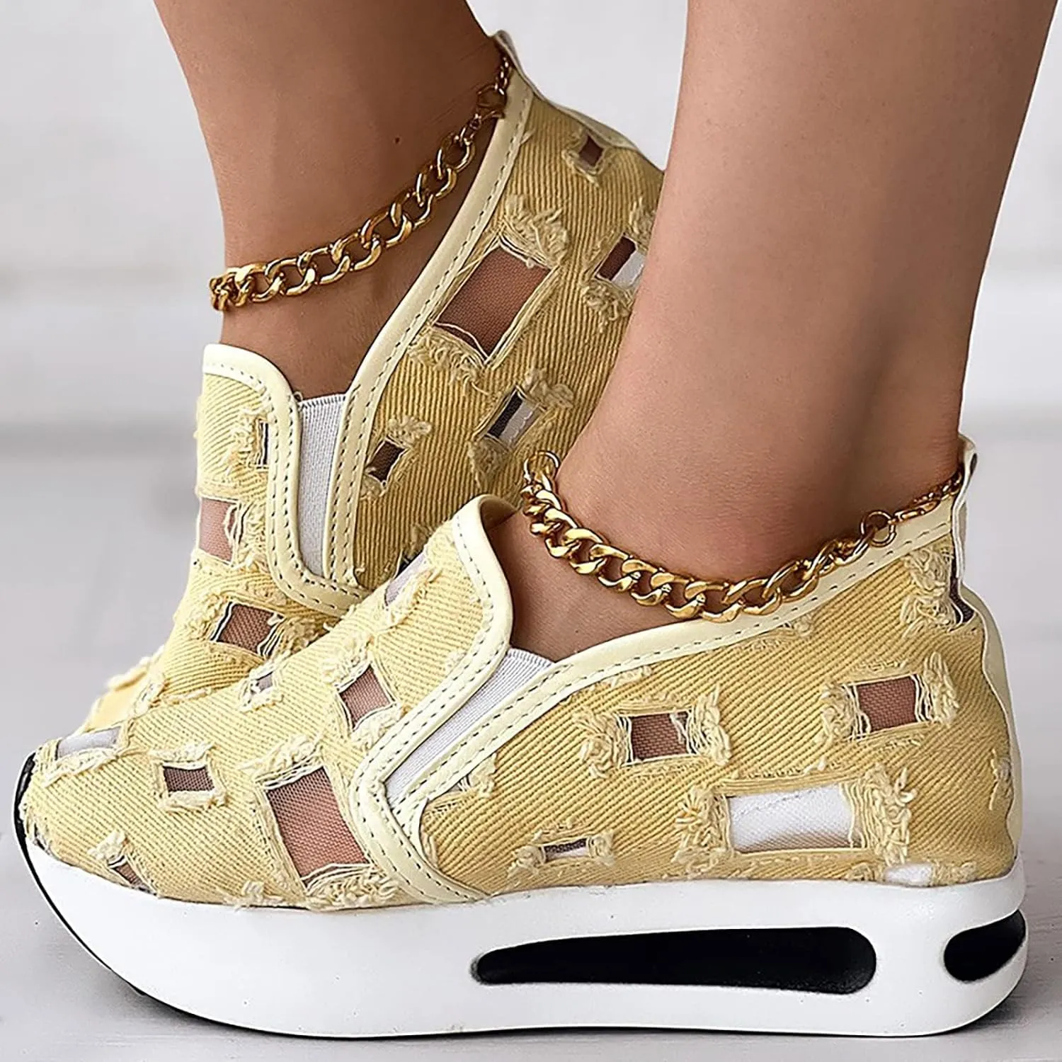 Platform Wedge Sneakers for Women Fashion Breathable Hollow Out Mesh Shoes Summer Lightweight Chunky Sole High Heels Slip on Loafers with Arch Support