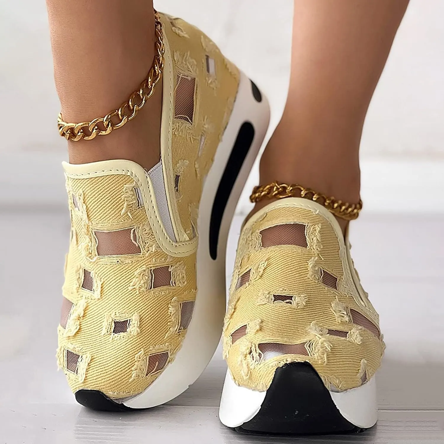 Platform Wedge Sneakers for Women Fashion Breathable Hollow Out Mesh Shoes Summer Lightweight Chunky Sole High Heels Slip on Loafers with Arch Support