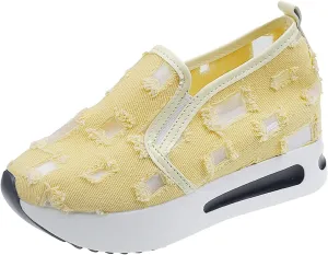 Platform Wedge Sneakers for Women Fashion Breathable Hollow Out Mesh Shoes Summer Lightweight Chunky Sole High Heels Slip on Loafers with Arch Support