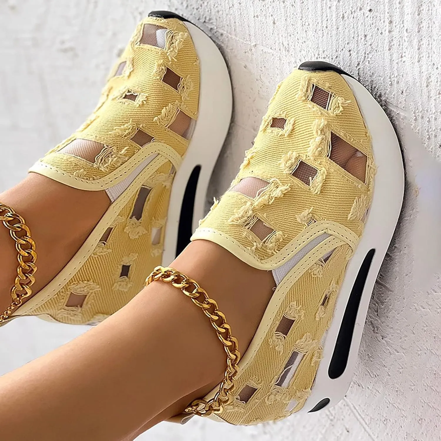 Platform Wedge Sneakers for Women Fashion Breathable Hollow Out Mesh Shoes Summer Lightweight Chunky Sole High Heels Slip on Loafers with Arch Support