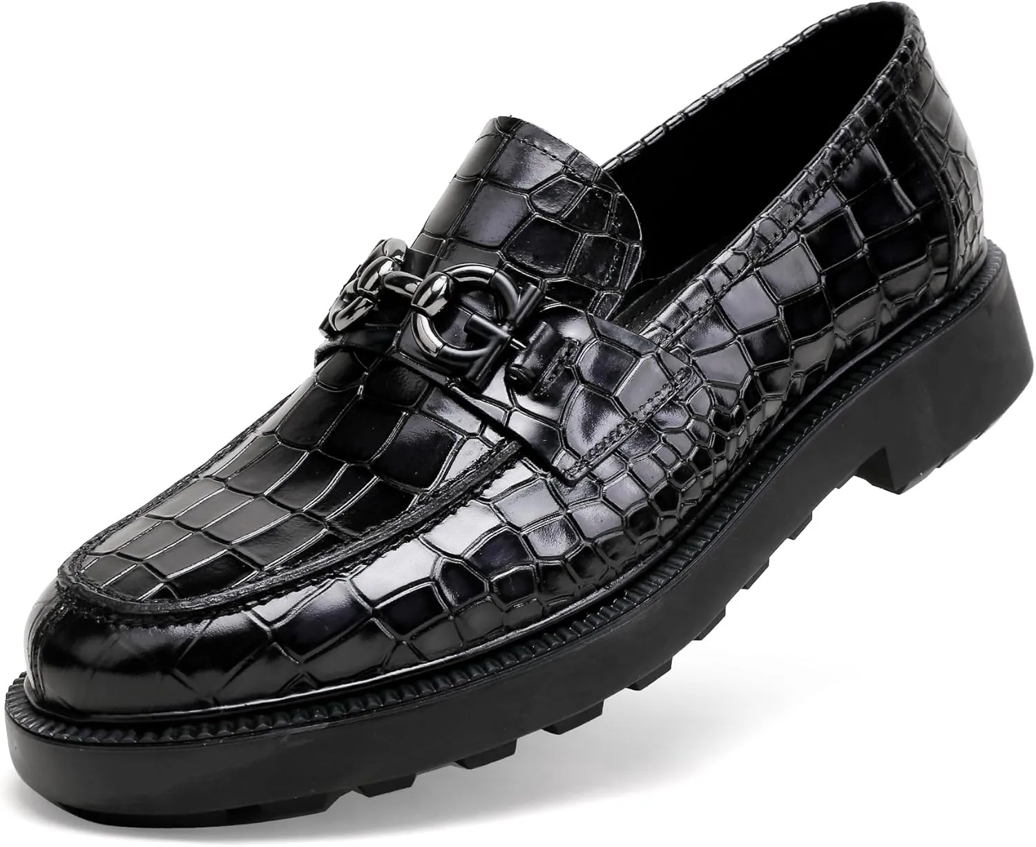 Premium Men's Dress Shoes, Classic Casual Crocodile Printed Penny Loafers with Buckle Party Wedding Shoes Slip on Dress Loafers for Men