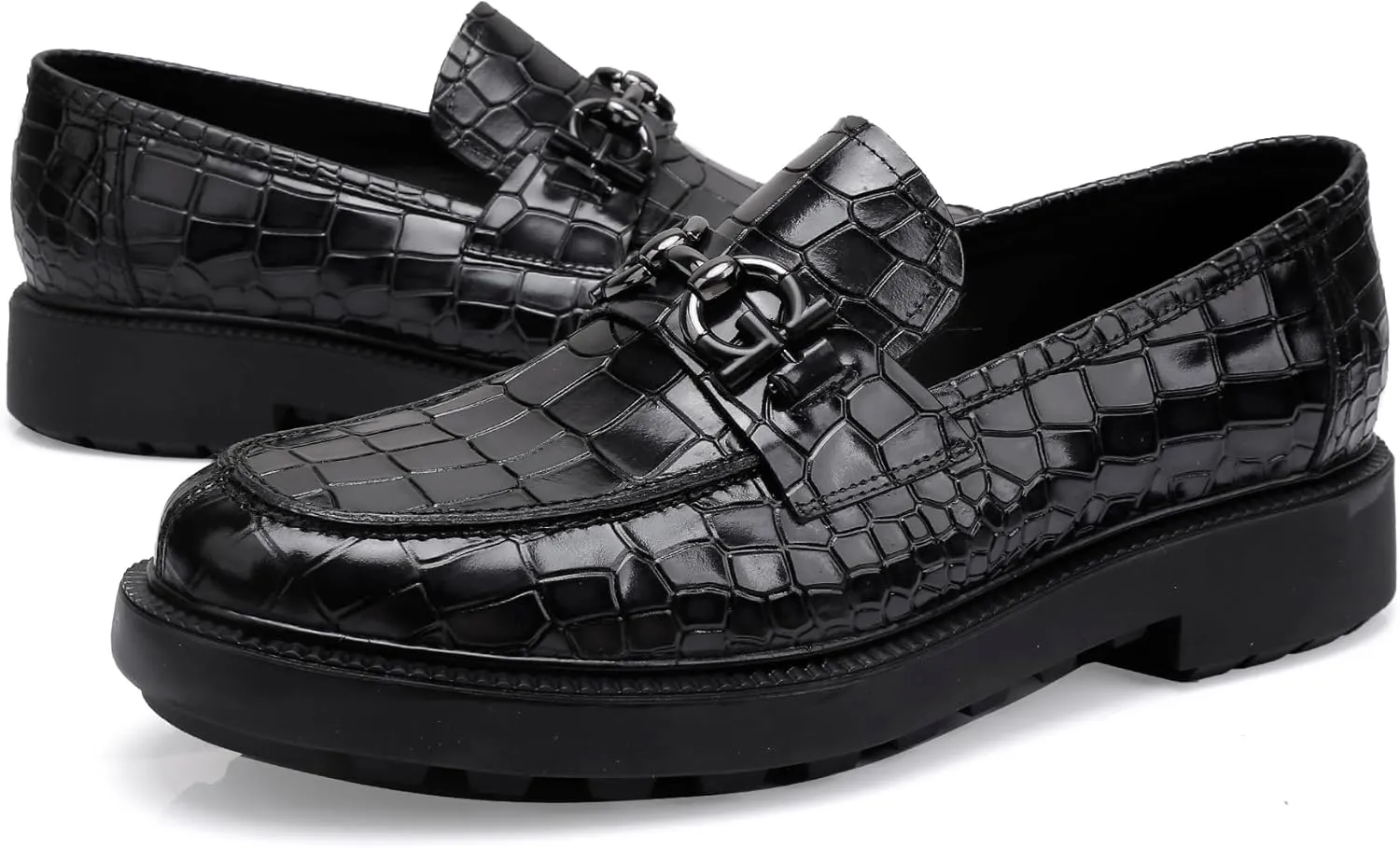 Premium Men's Dress Shoes, Classic Casual Crocodile Printed Penny Loafers with Buckle Party Wedding Shoes Slip on Dress Loafers for Men