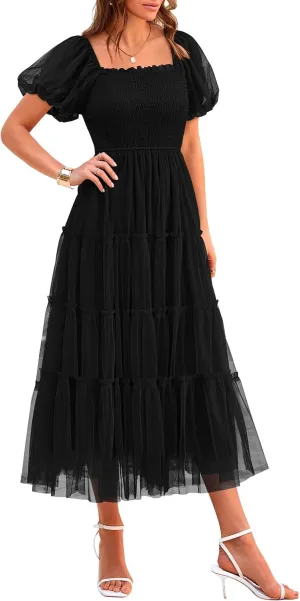 PRETTYGARDEN Women's Smocked Midi Tulle Dress 2025 Summer Puffy Short Sleeve Square Neck Ruffle Wedding Guest Party Dresses
